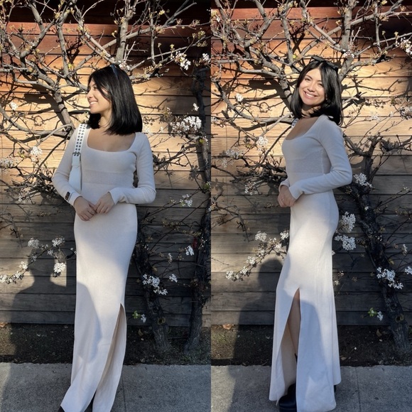 Princess Polly Barallen Long Sleeve Beige Knit Square Neck Side Slit Maxi Dress - Picture 3 of 13